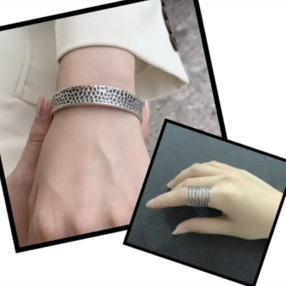 STERLING SILVER ENGRAVED BANGLE BRACELET RING SET - Picture 1 of 10